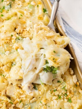 A spoon scooping up Chicken Alfredo Bake from a casserole dish.