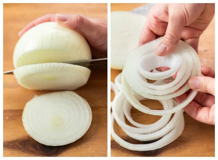 Slicing an onion into strings for an onion ring recipe.