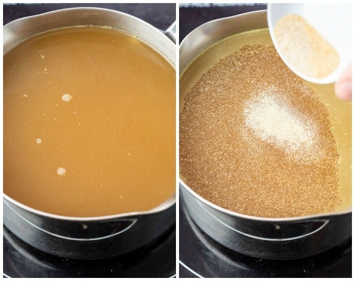 Showing how to make gravy by adding seasonings to beef and chicken broth.