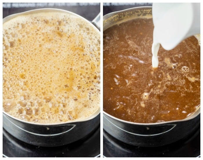 Bringing brown gravy to a boil and decreasing heat and adding corn starch and water.