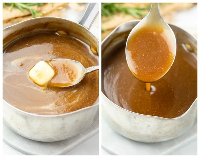 Swirling cold butter into brown gravy before serving.