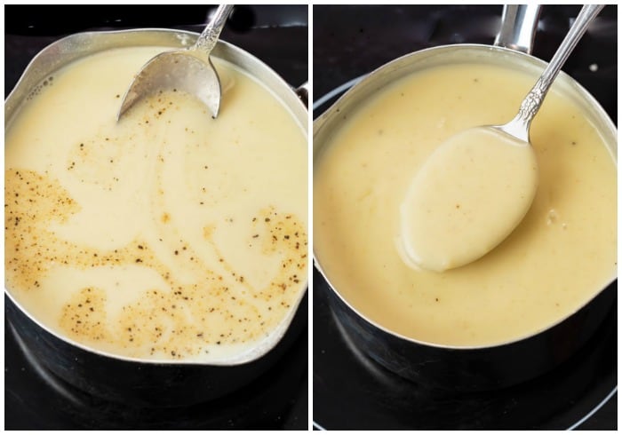 Adding seasonings to a saucepan to make Cream of Chicken Soup.