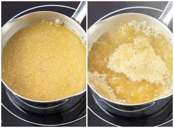 Chicken Broth with Seasonings being added and being brought to a boil to make Chicken Gravy.