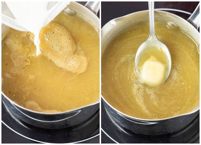 A saucepan with corn starch being added to thicken gravy and cold butter added at the end.