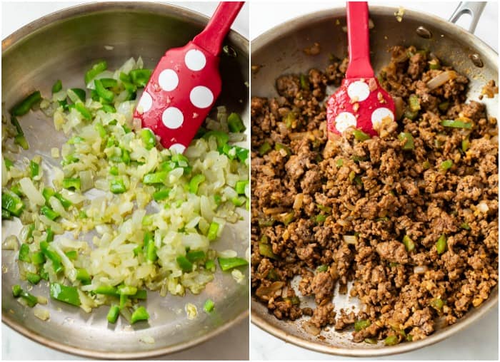 Showing how to make Frito Pie in a skillet with onions, pepper, garlic, and ground beef.