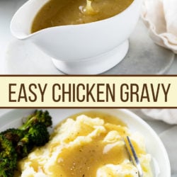 A collage of chicken gravy in a gravy boat and on top of mashed potatoes.