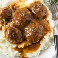 Meatballs and Gravy over mashed potatoes.