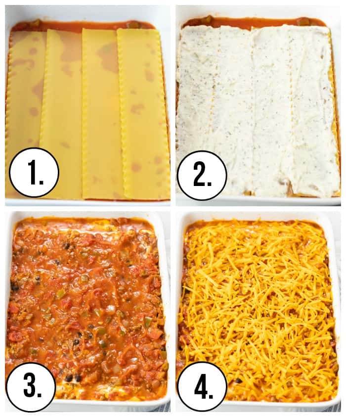 A collage to show how to make layers for taco lasagna.
