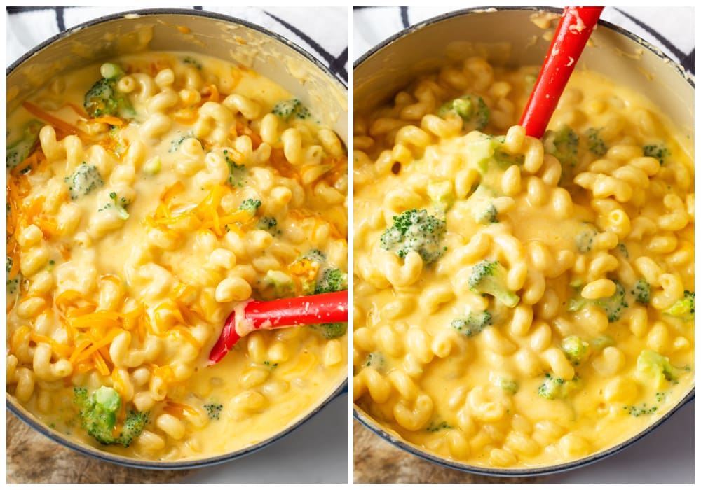 Adding shredded cheese to a pot of broccoli mac and cheese.