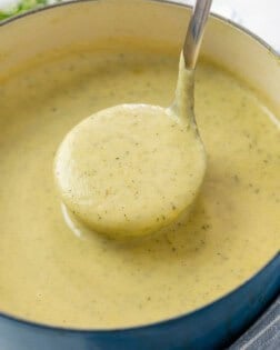 A soup pot filled with a ladle scooping up creamy zucchini soup.