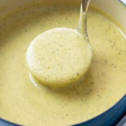 A soup pot filled with Zucchini Soup with a ladle scooping it up.