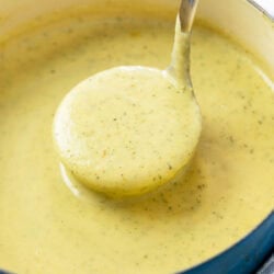 Zucchini Soup in a soup pot with a ladle scooping it up.