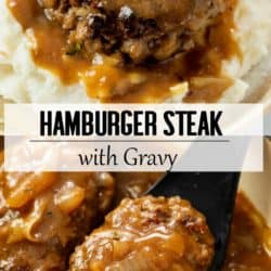 A collage of 2 images of hamburger steak with gravy.