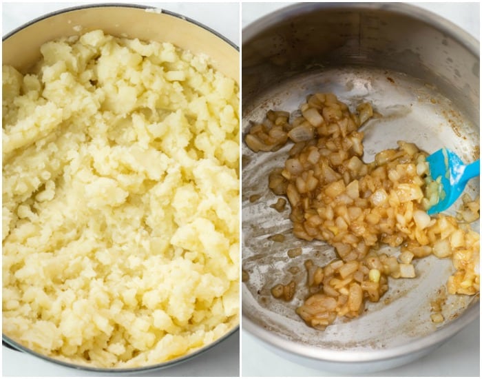Mashed potatoes in a pot next to a pot with cooked diced onions and garlic.