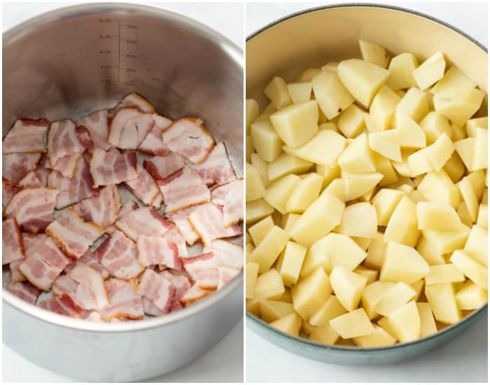 Uncooked bacon in a pot next to uncooked diced potatoes in a pot.