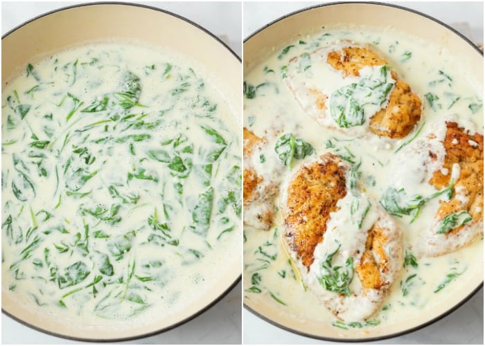 A pan with chicken being added to creamy chicken florentine sauce with spinach.