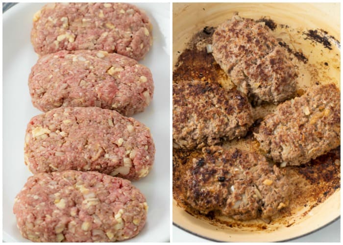 Hamburger Steak patties before and after cooking.