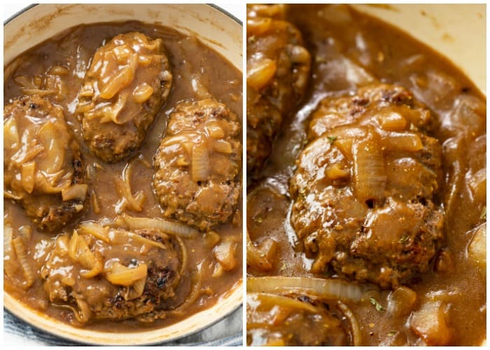 A pot with Hamburger Steak covered in brown gravy with onions.