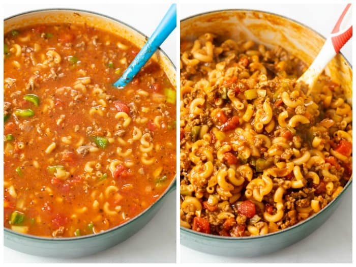 A dutch oven before and after cooking American Chop Suey.