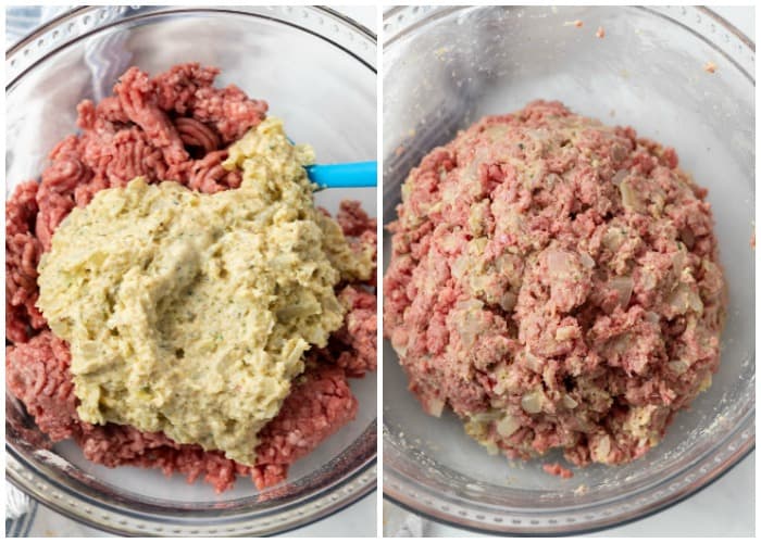 A glass bowl with a panad added to ground beef and being mixed for baked meatballs.