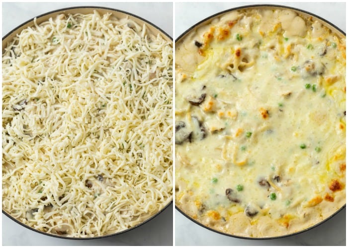 A pot of Chicken Tetrazzini before and after being baked.