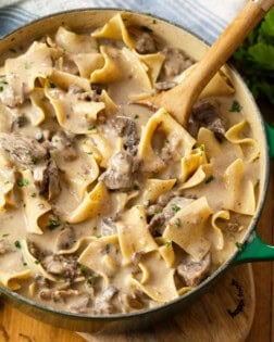 A dutch oven filled with hearty Beef Stroganoff made in the Slow Cooker.