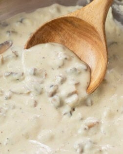 A wooden spoon scooping condensed cream of mushroom soup up from a pan.