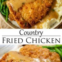 A labeled collage of Country Fried Chicken with gravy and mashed potatoes.