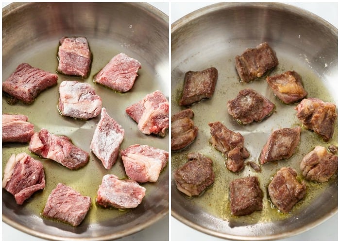 A skillet with floured cubes of beef before and after searing.