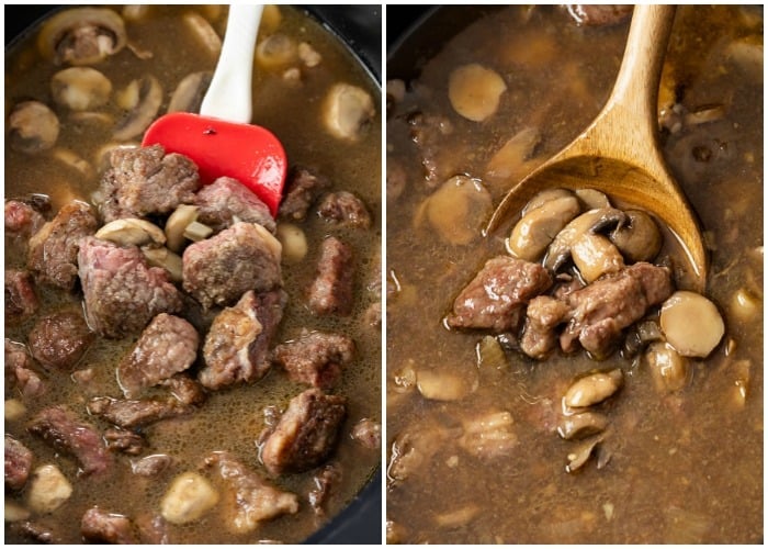 A Slow Cooker with beef and mushrooms before and after cooking for making beef stroganoff.
