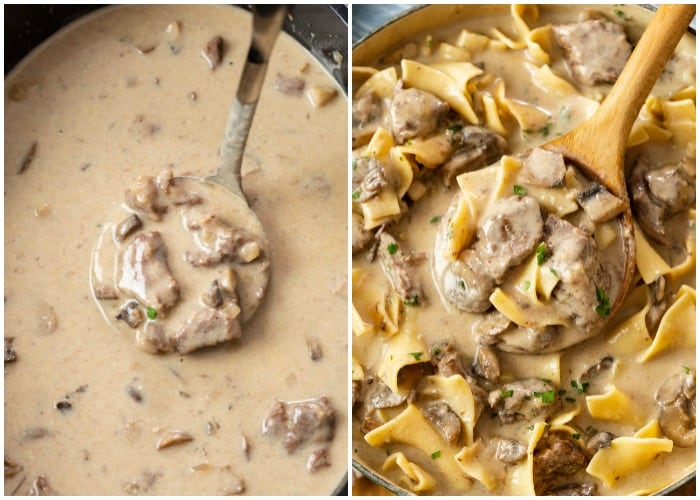 Creamy Beef Stroganoff sauce in a Slow Cooker next to a pot with egg noodles and sauce.