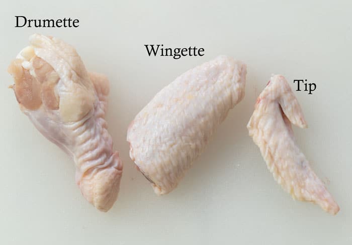 A whole chicken wing that has been cut and separated into a drumette, wingette, and tip.