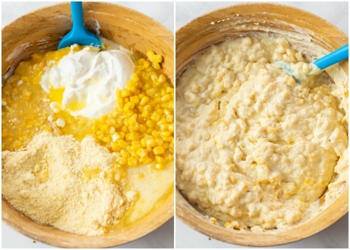 A mixing bowl before and after mixing ingredients for corn casserole