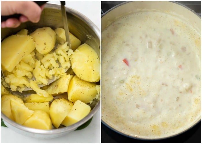 Mashing potatoes in a pot on the left and a pot of broth for corn chowder on the right.