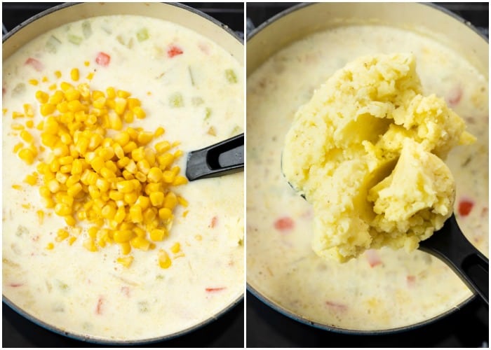 Adding corn and mashed potatoes to a pot of creamy soup to make corn chowder.