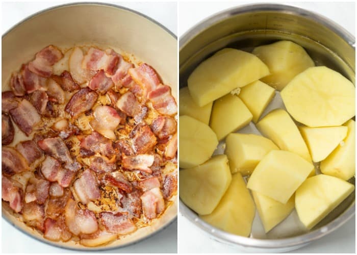 A pot of bacon cooking on the left and a pot of sliced potatoes in water on the right.