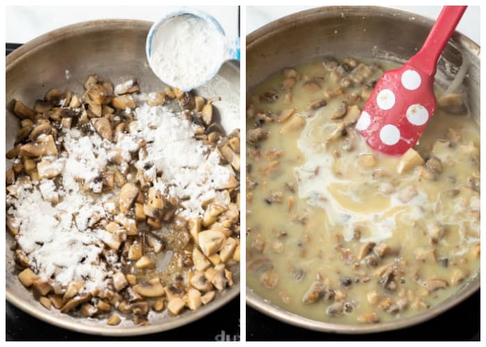 Adding flour, chicken broth, and cream to a pan to make cream of chicken soup.