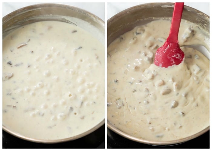 Boiling down cream of mushroom soup to make it condensed.