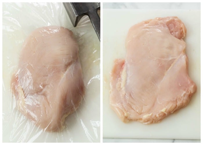 A chicken breast before and after pounding it.