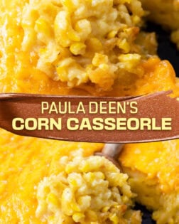 A collage of corn casserole being scooped up from a skillet.