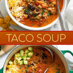 A collage of Taco Soup in a pot and in a white bowl.