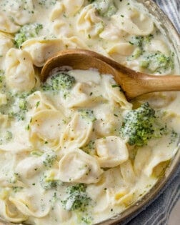 A wooden spoon in a skillet filled with Tortellini Alfredo with broccoli.