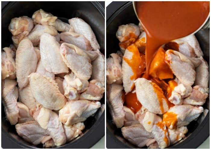 Uncooked chicken wings in a Crock Pot with Buffalo Sauce being poured on top.