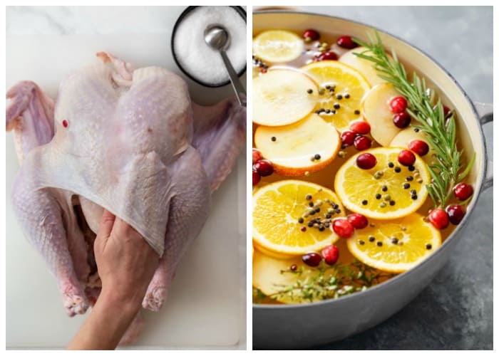 Side by side images of a dry brine and a wet brine for a turkey.