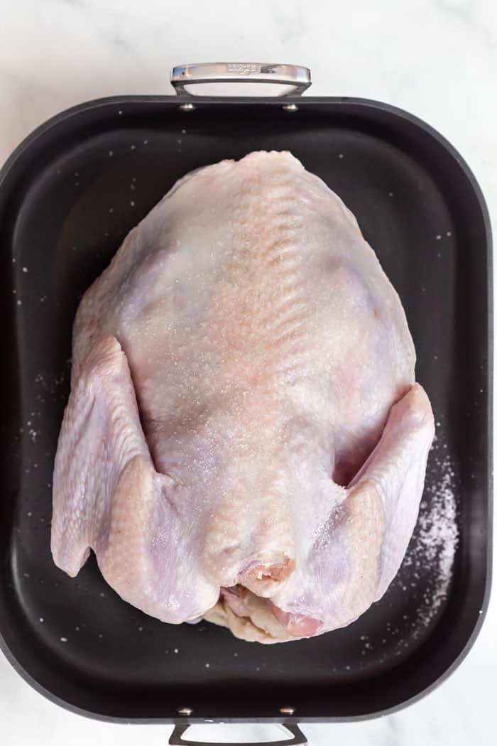 A raw turkey breast down in a roasting pan.
