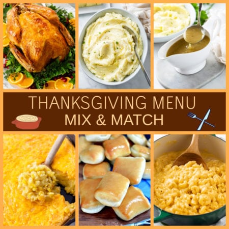 A collage of Thanksgiving Recipes including turkey, mashed potatoes, gravy, and corn casserole.