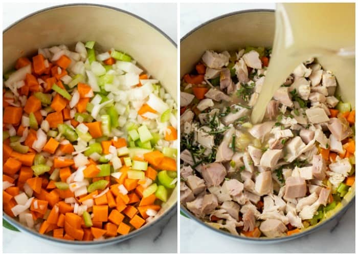Cooking vegetables and turkey in a pot and adding broth to make turkey noodle soup.