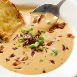 A white bowl full of beer cheese soup topped with green onions and bacon with a spoon in the background.