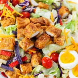 Crispy Chicken Salad with breaded chicken strips, lettuce, tomatoes, hard boiled eggs, cheese, and crispy tortilla crisps.