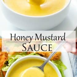 A collage of honey mustard sauce with a label with the recipe name.